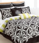 Simply striking, the Kennedy comforter set brings to mind the beauty of architectural details in decidedly modern style. Featuring a chic brown/black background with white accents, this captivating comforter reverses to bold lime and white stripes for a refreshing appeal. (Clearance)