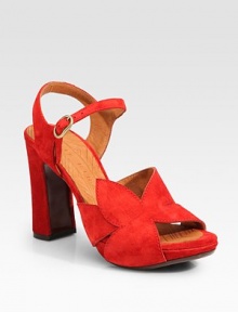 Vibrant suede with flower-inspired straps and a peep toe. Self-covered heel, 4 (100mm)Island platform, 1 (25mm)Compares to a 3 heel (75mm)Suede upperLeather liningLeather and rubber solePadded insoleImportedOUR FIT MODEL RECOMMENDS ordering one half size up as this style runs small. 