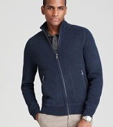 A handsome wear-anytime cardigan rendered in a fine blend of wool and cashmere with a bit of stretch, utterly versatile and always soft.