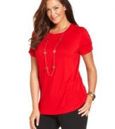 Ruched lends an elegant feel to this classic short sleeve plus size top by Alfani-- snag one in every color!.