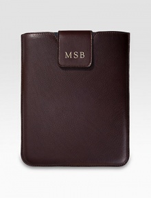 This sleek, stylish leather case has a snap tab and chamois-cloth lining to secure and protect your first- or second-generation iPad.Hand-crafted leatherAccommodates all iPad models8½W X 10HMade in USAFOR PERSONALIZATION Select a quantity, then scroll down and click on PERSONALIZE & ADD TO BAG to choose and preview your personalization options. Please allow 1 week for delivery. This sleek, stylish leather case has a snap tab and chamois-cloth lining to secure and protect your first- or second-generation iPad.Hand-crafted leatherAccommodates all iPad models8½W X 10HMade in USAFOR PERSONALIZATION Select a quantity, then scroll down and click on PERSONALIZE & ADD TO BAG to choose and preview your personalization options. Please allow 1 week for delivery.
