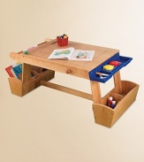 Unleash their imaginations! This deluxe art table gives budding artists everything they need to create their next masterpiece- deep storage compartments hold all their supplies while a handy drying rack keeps their finished pieces flawless.