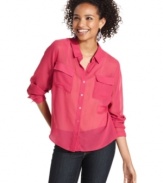 Sporting a cool high-low hem, this sheer button-down from Pink Rose is the blouse to turn to for a look that's so on-trend.
