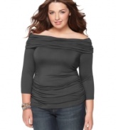 Show off your shoulders with ING's three-quarter sleeve plus size top, highlighted by ruching.