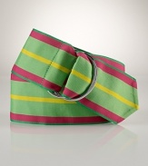 A vibrant neon-striped grosgrain ribbon belt is crafted in a chic ultra-wide silhouette with burnished double D-rings for a chic, preppy finish