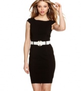 A white belt creates a stunning contrast on this little black sheath dress from XOXO -- the ideal look for work or play.