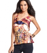 Rock yacht party style in this top from Baby Phat! With its brilliant scarf print and halter strap design, this pretty piece defines casual luxe!