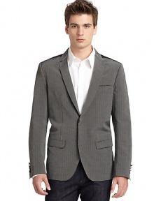 THE LOOKAllover stripe printWelt pocket at chestTwo-button closureLong sleeves with button cuffsFlap pocketsSatin backVented back hemInner welt pocketsTHE FITAbout 27 from shoulder to hemTHE MATERIAL65% cotton/35% rayonSecond fabric: 68% polyamide/32% silkFully linedCARE & ORIGINDry cleanMade in Italy