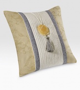 Inspired by an embroidered textile from the Natori archives, in luxurious bamboo-cotton jacquard with a quilted obi wrap, jade lotus medallion and tassel detail.Jacquard with quilted accents18 square52% viscose made from bamboo/48% cottonFill: 95% feather/5% downSpot cleanImported