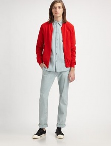 Sleek, streamlined silhouette meets this classic wardrobe staple set in sun bleached denim.Flat-front styleSide slash,back welt pocketsInseam, about 32CottonMachine washImported Sleek, streamlined silhouette meets this classic wardrobe staple set in sun bleached denim.Flat-front styleSide slash,back welt pocketsInseam, about 32CottonMachine washImported