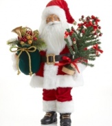St. Nick sure has his hands full. Carrying beautiful trim and trees, this holiday-perfect Santa Claus figurine makes a special Christmas delivery in his traditional red and white getup.