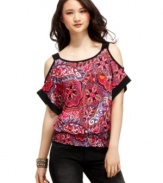 Brighten up your day ensemble with this cutout top from BCX featured in a brilliant, printed fabric!