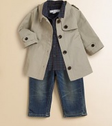 A dapper topper well-tailored for the little guy in soft cotton with shoulder epaulets and buttoned chest flap.Front button closure Slash pockets Buttoned tab at sleeve hem Buttoned back flap Attached back strap Back vent Full cotton lining Cotton Machine wash Imported