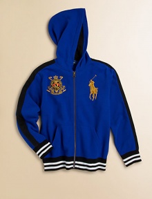 A classic zip-up hoodie features signature Big Pony embroidery for sporty style.Attached hoodLong sleevesFull-zip frontSplit kangaroo pocketStriped cuffs and hemCotton/PolyesterMachine washImported