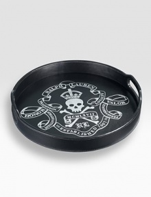 This exquisite piece makes a bold statement, with a silver leaf embossed skull-and-crossbones and Ralph Lauren banner scroll motif.14 L x 1¾ HLeather and silver leafImported
