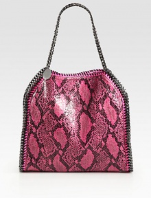 An exotic, faux python style with shiny link chain trim that follows the brand's vegetarian initiatives.Double chain top handles, 8 dropMagnetic snap closureOne inside zip pocketFully lined14W X 13H X 3DMade in Italy