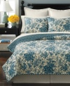 Call of nature. Lush foliage in a soothing blue colorway sits upon a luxurious quilted landscape in this Woodland Toile quilt from Martha Stewart Collection for a stylish look in the bedroom. Reverses to a handsome stripe pattern.