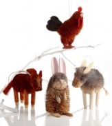 Farm it out. Barnyard animals crafted of natural buri ornament your tree with country charm. Featuring a rooster, bunny, horse and donkey, all by Martha Stewart Collection.