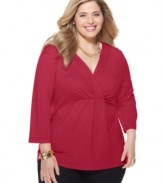 A surplice neckline and gathered front lend chic appeal to Charter Club's three-quarter sleeve plus size top-- snag all the colors at an Everyday Value price!