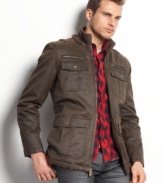 Don't catch a chill. Take this stylish military-style jacket from Guess with you to keep the cool weather in check.