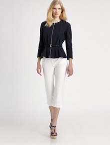 This impeccably tailored style features a slender self belt and an on-trend peplum silhouette.Jewel necklineZip frontCropped sleevesIncluded self beltRuffled peplumAbout 20 from shoulder to hem98% cotton/2% elastaneDry cleanMade in France of imported fabricModel shown is 5'10 (177cm) wearing US size 4.OUR FIT MODEL RECOMMENDS ordering true size. 