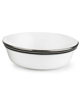 In the hands of kate spade, black and white is anything but basic. Dancing ebony stitched stripes provide a stunning contrast to the pristine china of the Union Street all-purpose bowl (shown left).