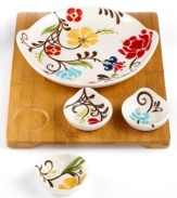Pairing hand-painted florals and sleek bamboo, the Jardine entertaining set dishes out colorful fresh-for-spring style with every serving. Use for a main dish and toppings or chips and dips.