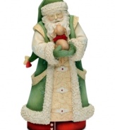 Every child's perfect Christmas present, Santa's ready to deliver a furry friend with a red bow around his neck in this precious figurine. Santa is dressed in a traditional robe and hat with crystal embellishments.
