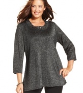 Greet the holiday season in style with JM Collection's metallic plus size sweater, finished by an embellished neckline.