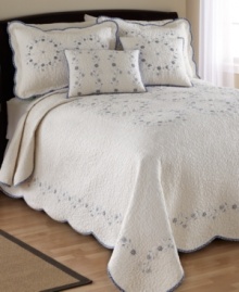 Soothing and serene, the Delphine sham defines cozy comfort with intricate, allover quilting, delicate floral embroidery and patterned trim. A beautiful scalloped edge finishes the look with graceful polish. Soothing and serene, the Delphine sham defines cozy comfort with intricate, allover quilting, delicate floral embroidery and patterned trim. A beautiful scalloped edge finishes the look with graceful polish.