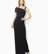 Crafted from sleek matte jersey with a modern cutaway shoulder, an elegant evening dress is figure-flattering with ruching at the waist.