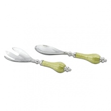 Hand made handles in sand-cast aluminum with a trademark blend of enamel infused with crushed mother of pearl. Salad spoon and fork made in stainless steel for easy care. Works beautifully with the larger bowls.
