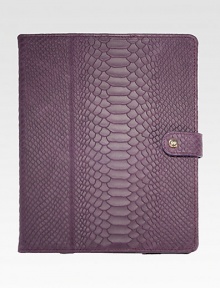 Designed to fold horizontally or vertically to hold your device at the ideal angle for viewing video or typing. This case holds your iPad securely with four leather wrapped corner straps and a snap closure.Accommodates all iPad models8 X 9.75Embossed pythonMade in USAPlease note: iPad not included Designed to fold horizontally or vertically to hold your device at the ideal angle for viewing video or typing. This case holds your iPad securely with four leather wrapped corner straps and a snap closure.Accommodates all iPad models8 X 9.75Embossed pythonMade in USAPlease note: iPad not included