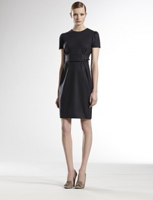 Finespun wool jersey, itailored in a chic, ladylike silhouette.Jewel necklinePuffed short sleevesBust gathersSelf buckle belt WoolDry cleanMade in ItalyModel shown is 5'11 (180cm) wearing US size Small. Finespun wool jersey, itailored in a chic, ladylike silhouette.Jewel necklinePuffed short sleevesBust gathersSelf buckle belt WoolDry cleanMade in ItalyModel shown is 5'11 (180cm) wearing US size Small.