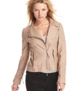 Let your great style rip in this crinkled, faux-leather moto jacket from Guess? -- the toughest chill repellant in town!