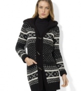 Lauren Ralph Lauren's cozy lambswool-blend sweater is crafted with a plush faux-shearling-lined hood for luxurious style.