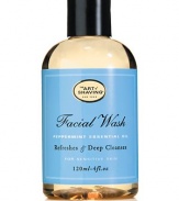 Facial Wash gently cleanses the skin and helps maintain the skin's proper PH balance. Refreshing Peppermint essential oil stimulates circulation and cleanses pores of impurities such as pollution, dirt, and perspiration. Green tea extract acts as a natural anti-oxidant while it rejuvenates and tones the skin. Essential oils of chamomile, aloe vera, olive and jojoba oils replenish lost moisture and enhance suppleness. Suitable for all skin types. 4 oz. 