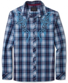 Attractive plaid shirt with unique contrast design on front by Ring of Fire. Attractive plaid shirt with unique contrast design on front by Ring of Fire.