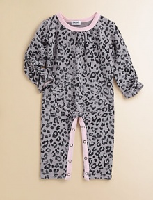 A trendy leopard print adds a touch of wild to this cozy one-piece.Gathered crewneckLong gathered sleevesPullover styleKangaroo pocketBottom snaps48% cotton/48% micro modal/4% spandexMachine washImported Please note: Number of snaps may vary depending on size ordered. A trendy leopard print adds a touch of wild to this cozy one-piece.Gathered crewneckLong gathered sleevesPullover styleKangaroo pocketBottom snaps48% cotton/48% micro modal/4% spandexMachine washImported Please note: Number of snaps may vary depending on size ordered.