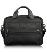 Meeting TSA checkpoint requirements, the T-Pass laptop brief makes traveling the world a whole lot easier. Thoughtful features make space for everything business with a ticket pocket, removable accessories pouch and an organizer panel. Tumi quality assurance warranty.