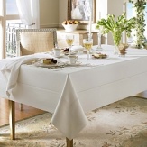 Addison Tablecloth by Waterford. 100% linen table linens are a crisp and timeless look for your dining table, whatever the occasion. Shown in image: Pearl
