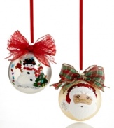 Treasure the hand-painted charm of Kurt Adler's Sarabella ball ornaments. A festive winter scene topped with a shimmering red bow and Santa's face shining on matte gold glass bring something special to your tree.