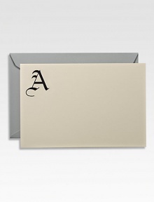 If you prefer your color to come through in your writing, this set of 10 flat ivory cards, personalized with the letter of your first or last name in bold black ink, would be such a stately addition to your stationery collection.Set of 10 cards and envelopesApprox. 4¼ X 6 Made in USA If you prefer your color to come through in your writing, this set of 10 flat ivory cards, personalized with the letter of your first or last name in bold black ink, would be such a stately addition to your stationery collection.Set of 10 cards and envelopesApprox. 4¼ X 6 Made in USA