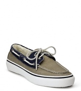 Step into the sunlight in this cool 2-tone boat shoe from Sperry, outfited in canvas with classic lace details and moc toe.
