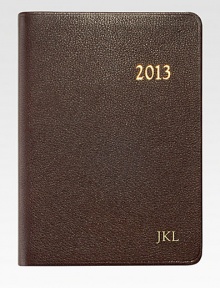 The ideal social agenda, featuring month-at-a-view and week-at-a-view pages, daily note pages plus maps, travel and holiday information.Hand-crafted, Smyth-sewn goatskin leather coverGilt-edged acid-free creamy white paperAbout 5½W X 7½HMade in USA