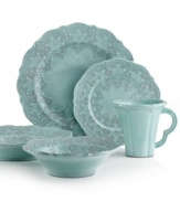 Handcrafted in the Italian tradition, the Merletto place setting is intricately embellished with a lacy floral texture and painted a serene aqua hue. An elegant companion to Arte Italica dinnerware.