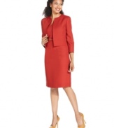 Kasper takes traditional tweed and gives it a new look in rich red: a fitted sheath dress and collarless jacket give this classic fabric a fresh, modern feel.