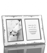 The stylized florals of Modern Love branch out on this gleaming silver-plated double invitation frame by Monique Lhuillier for Royal Doulton. A timeless balance of refinement and whimsy keeps memories fresh.