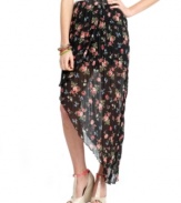 Gauzy, crinkled chiffon and a smart, asymmetrical hem and are the perfect design pair on this skirt from American Rag that induces a floral high!