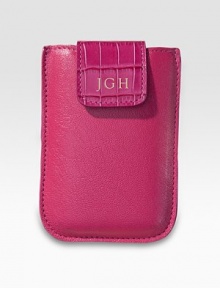 This handmade universal phone case unites elegance, function and technology in versatile leather. A snap closure holds your device securely and accommodates a variety of iPhones, smart phones and PDAs. Snap closureLeather5¼ X 3¾Handmade in USAFOR PERSONALIZATION Select a quantity, then scroll down and click on PERSONALIZE & ADD TO BAG to choose and preview your personalization options. Please allow 2 to 3 weeks for delivery. This handmade universal phone case unites elegance, function and technology in versatile leather. A snap closure holds your device securely and accommodates a variety of iPhones, smart phones and PDAs. Snap closureLeather5¼ X 3¾Handmade in USAFOR PERSONALIZATION Select a quantity, then scroll down and click on PERSONALIZE & ADD TO BAG to choose and preview your personalization options. Please allow 2 to 3 weeks for delivery.